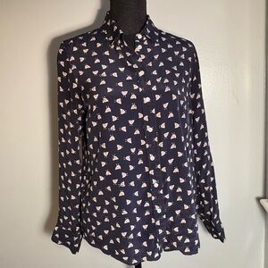 J. Crew Navy Blue Button Down Shirt with White Chicken Pattern - Size 6